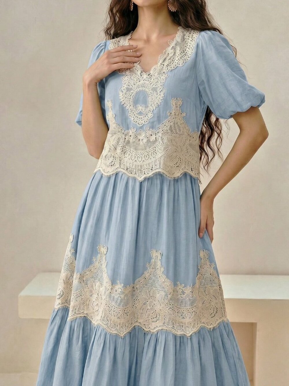 Blue Elegant Women's V-Neck Puff Sleeve Lace Patchwork Flared Skirt Set - Picture 6 of 7